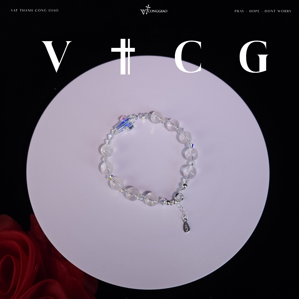 Vòng Tay Mân Côi Công Giáo Thạch Anh Trắng Vip Phối Swa VAT THANH CONG GIAO - ĐVTCG88