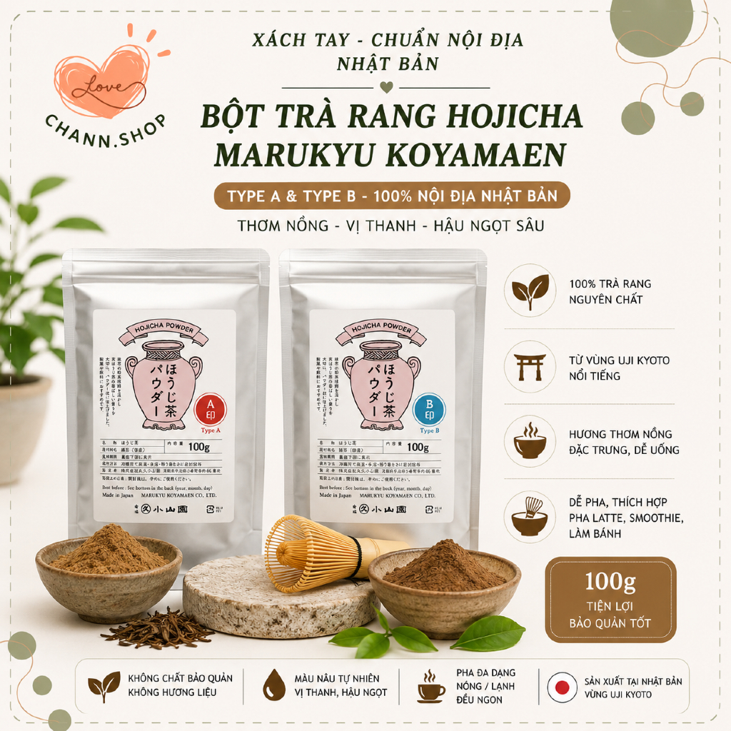 Bột Trà Hojicha Marukyu Koyamaen Type A,Type B Gói 100g Nhật Bản