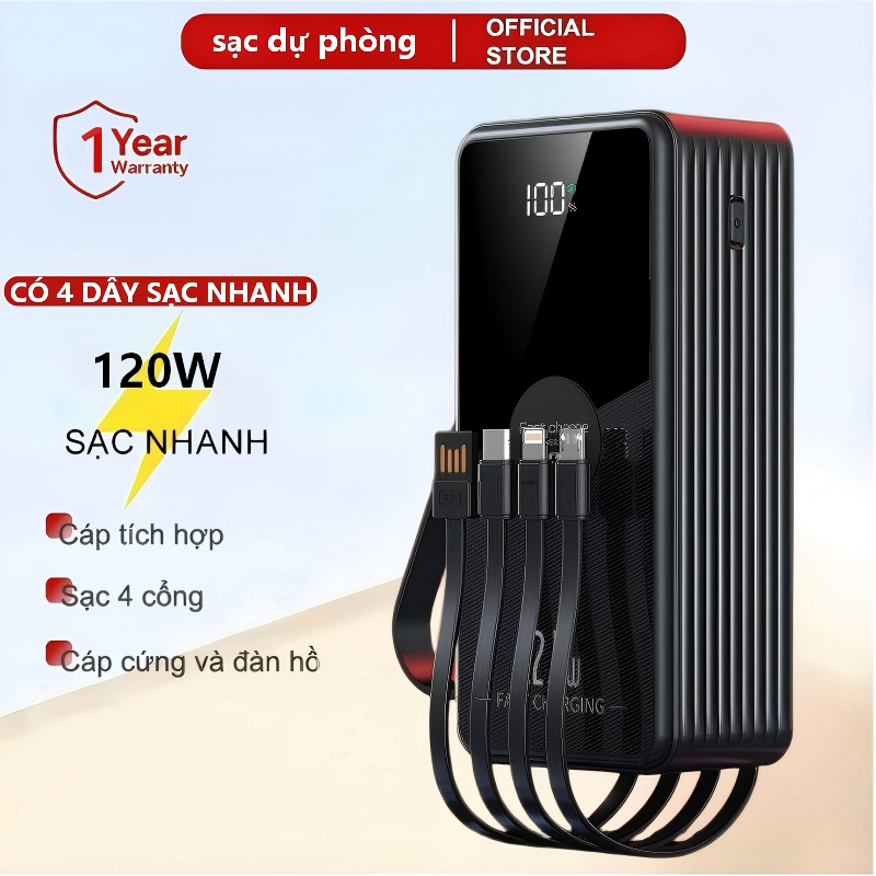 sạc dự phòng pin 50000mAh 80000mAh sạc nhanh pin 120W dung lượng lớn có sẵn nhiều dây sạc