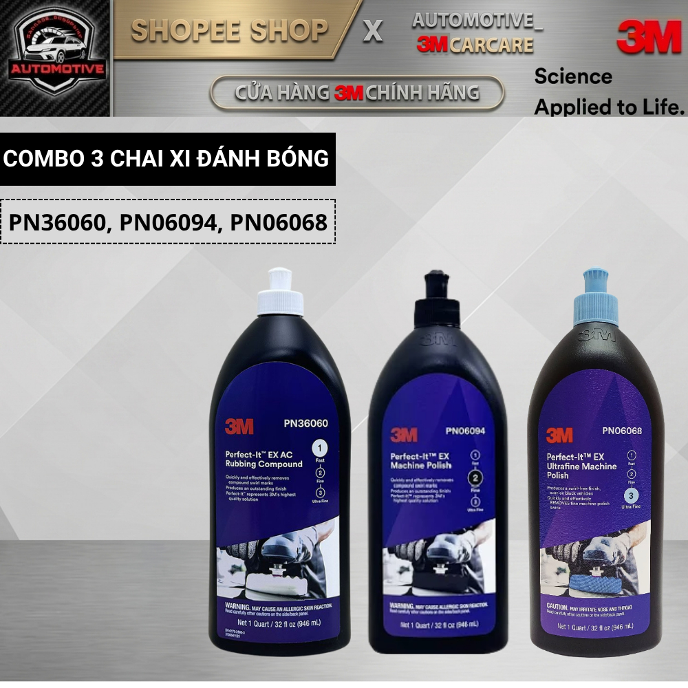 COMBO 3 CHAI XI ĐÁNH BÓNG Ô TÔ CAO CẤP 3M ( 36060, 06094, 06068) QUY TRÌNH 3 BƯỚC.