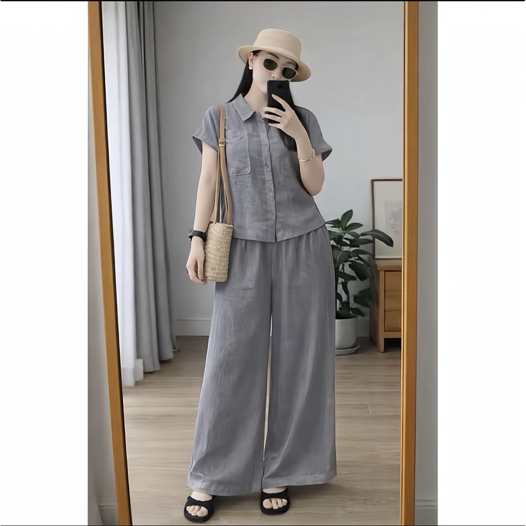 L DEAL SALE 1 Set Bộ Nữ Sơ Mi Tay Hến Quần Suông Dài - Áo Sơ Mi Ngắn - Chất Liệu Đũi Tơ Xước
