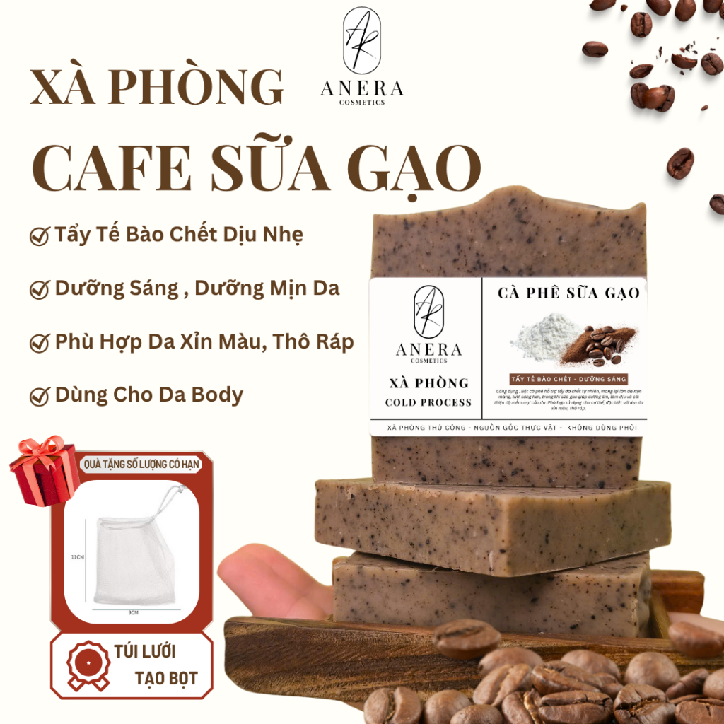 Xà Phòng Tẩy Tế Bào Chết Dưỡng Sáng Mịn Da Cà Phê Sữa Gạo Thủ Công Phương Pháp Nguội Không Dùng Phôi