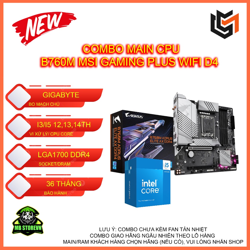 Combo B760M Aorus Elite AX WIFI D4/ I5 14600K/14400F/13400F/12400F - Bảo hành 36 Tháng