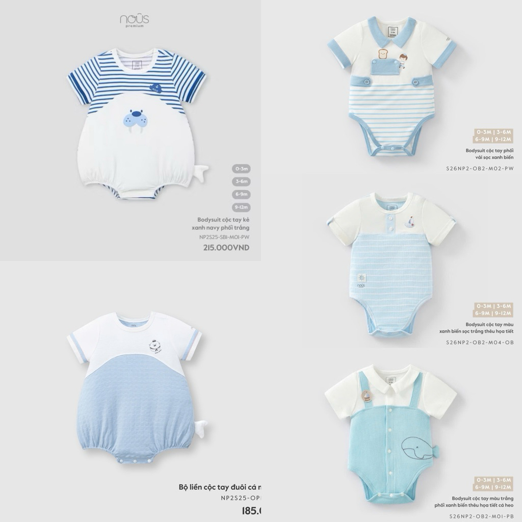 Nous - 2 mẫu Bodysuit / body premium cộc trắng phối kẻ xanh cho bé