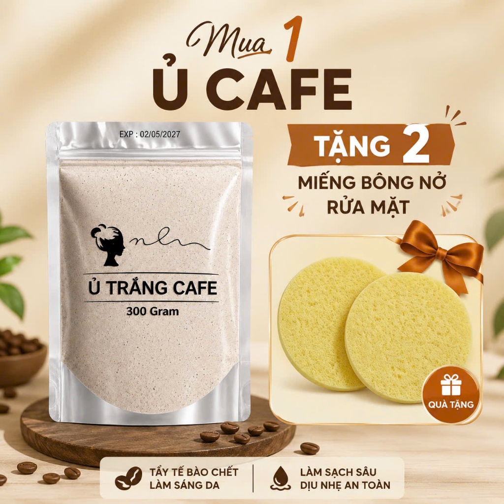 Bột ủ trắng cafe ( Tặng bông rửa mặt ) Tắm trắng cafe face + body cấp tốc, dưỡng trắng da tẩy da chết