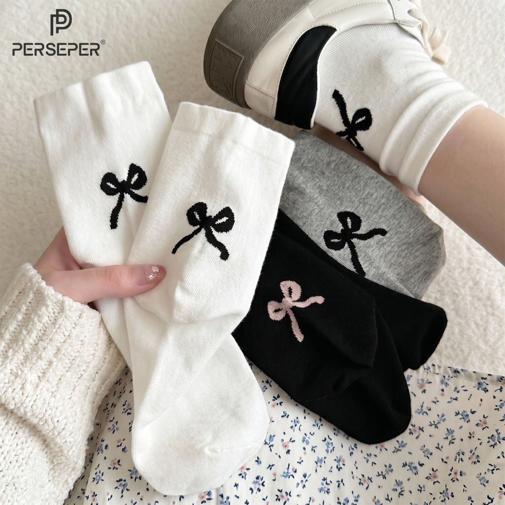 Tất nữ cổ cao thêu nơ xinh xắn, tất CHERRY chất liệu cotton co dãn thoáng khí - Cherry shop