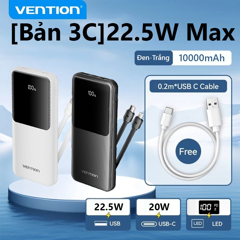 Sạc Dự Phòng 20000mAh 22.5W Vention,Có Sẵn Dây Cáp Type C Và Light, Sạc được 4 thiết bị cùng lúc