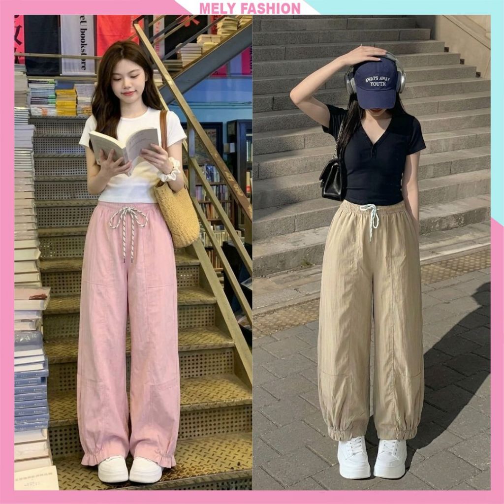 Quần Gió Nữ Mely Fashion Dáng Rộng Bo Gấu Chất Vải Dù Nếp Tự Nhiên Nhẹ Mát Không Nhăn 5 Màu QD33