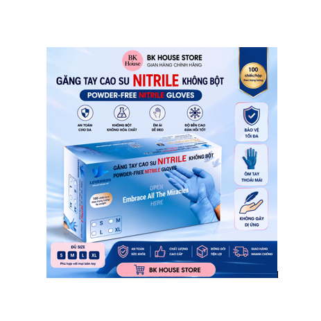 GĂNG TAY CAO SU NITRILE KHÔNG BỘT - MÀU XANH 3.5-4.0 S,M,L,XL - LOVEBIRDS - BK GLOVES