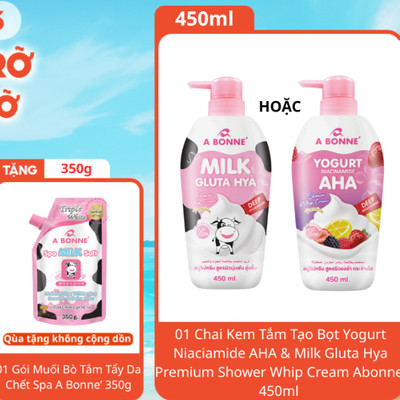 Sữa Tắm Tạo Bọt Kem Yogurt & Milk Premium Shower Whip Cream A Bonne' 450ml Tặng 1 Gói Muối Bò Tắm 350g