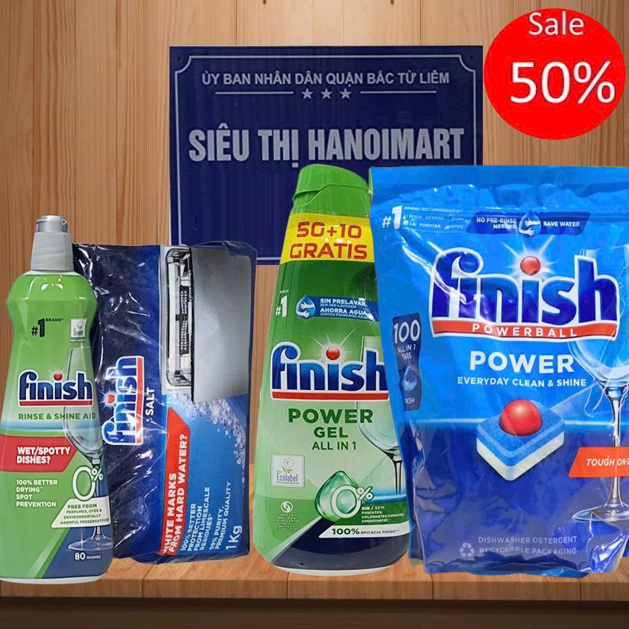 Combo Finish Eco: Gel rửa bát Finish Eco 900ml + Nước làm bóng bát Finish Eco 400ml + Muối rửa bát f