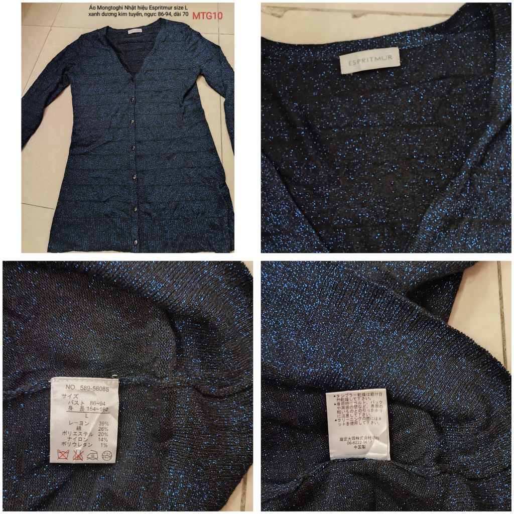 MTG10#Áo Cardigan Mông-tơ-ghi Nhật ESPRITMUR Dáng Dài Kim Tuyến Xanh Dương Size L | Áo Khoác Len Mỏn