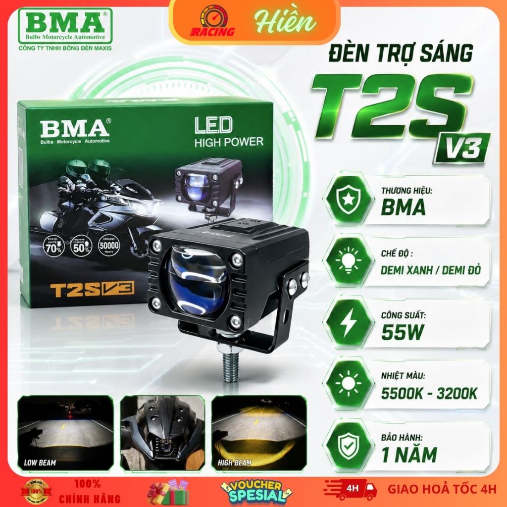 Đèn Trợ Sáng LED T2S V1 V3 BMA – Công Suất 50W, Chống Nước IP68,  Pha Màn Chập, Bảo Hành 12 Tháng