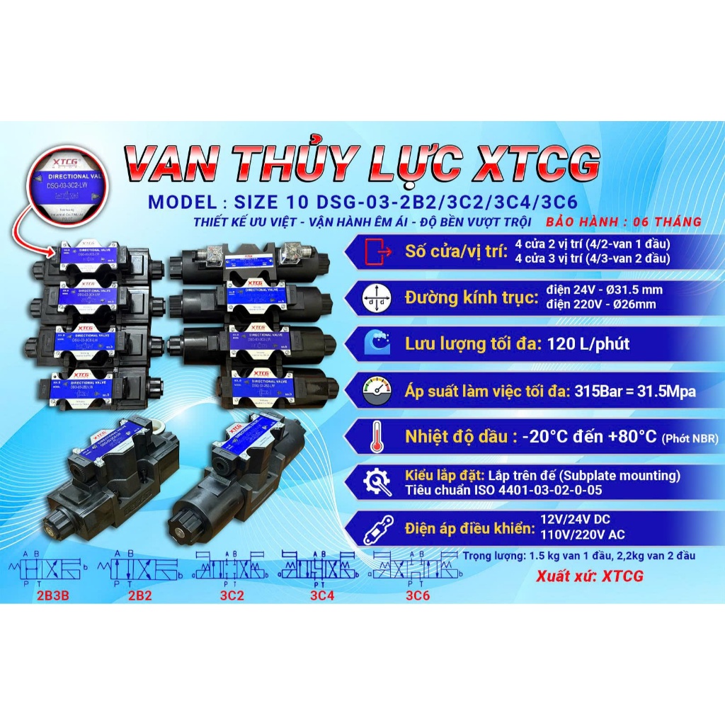 Van thủy lực DSG-03-3C2 DSG-03-3C4 DSG-03-3C6 DSG-03-2B2 điện 24DC và 220VAC bảo hành 6 tháng
