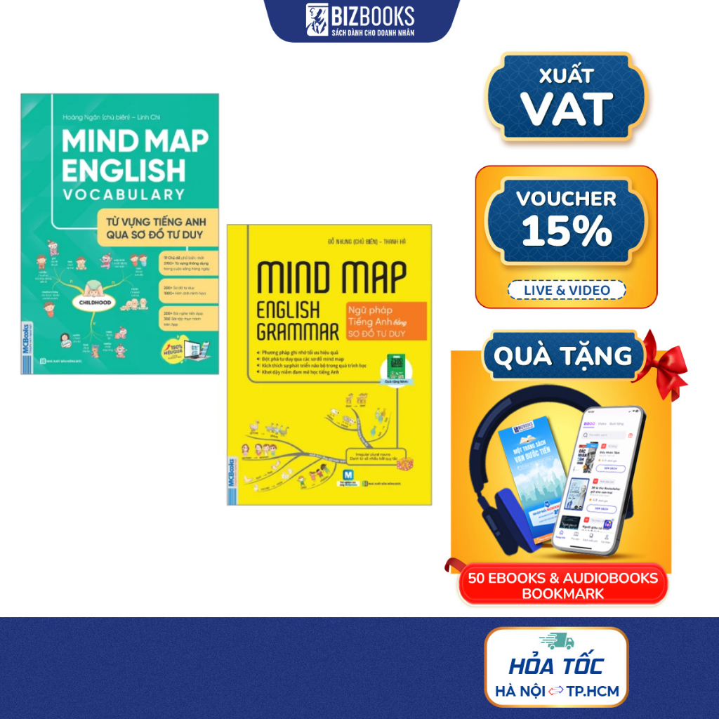 Sách Mindmap English Grammar và Mindmap English Vocabulary - Học Kèm App Online