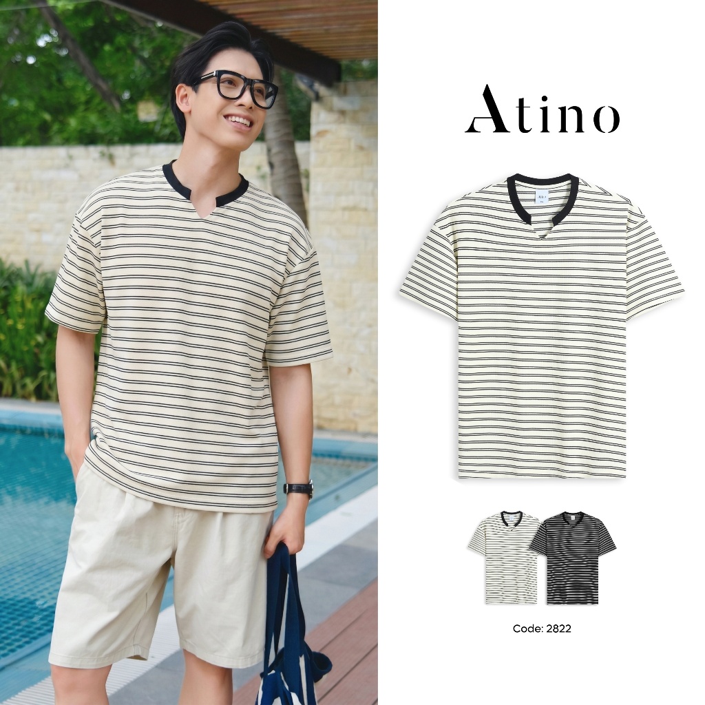 Áo Phông Nam ATINO Form Loose Dáng Rộng Cổ V Phối Bo Kẻ Ngang Co Giãn L.2.2822