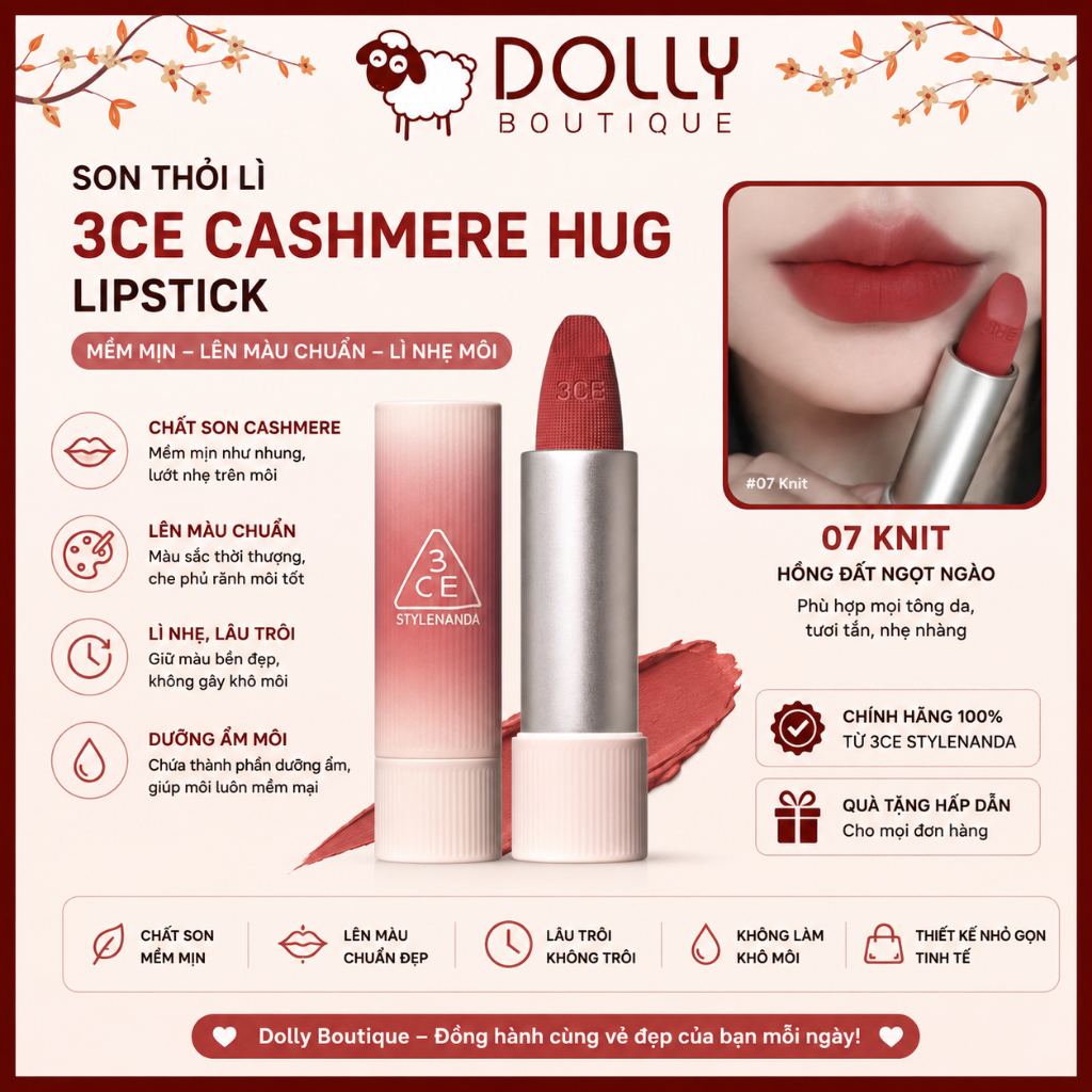 Son Thỏi Lì 3CE Cashmere Hug Lipstick 07 Knit