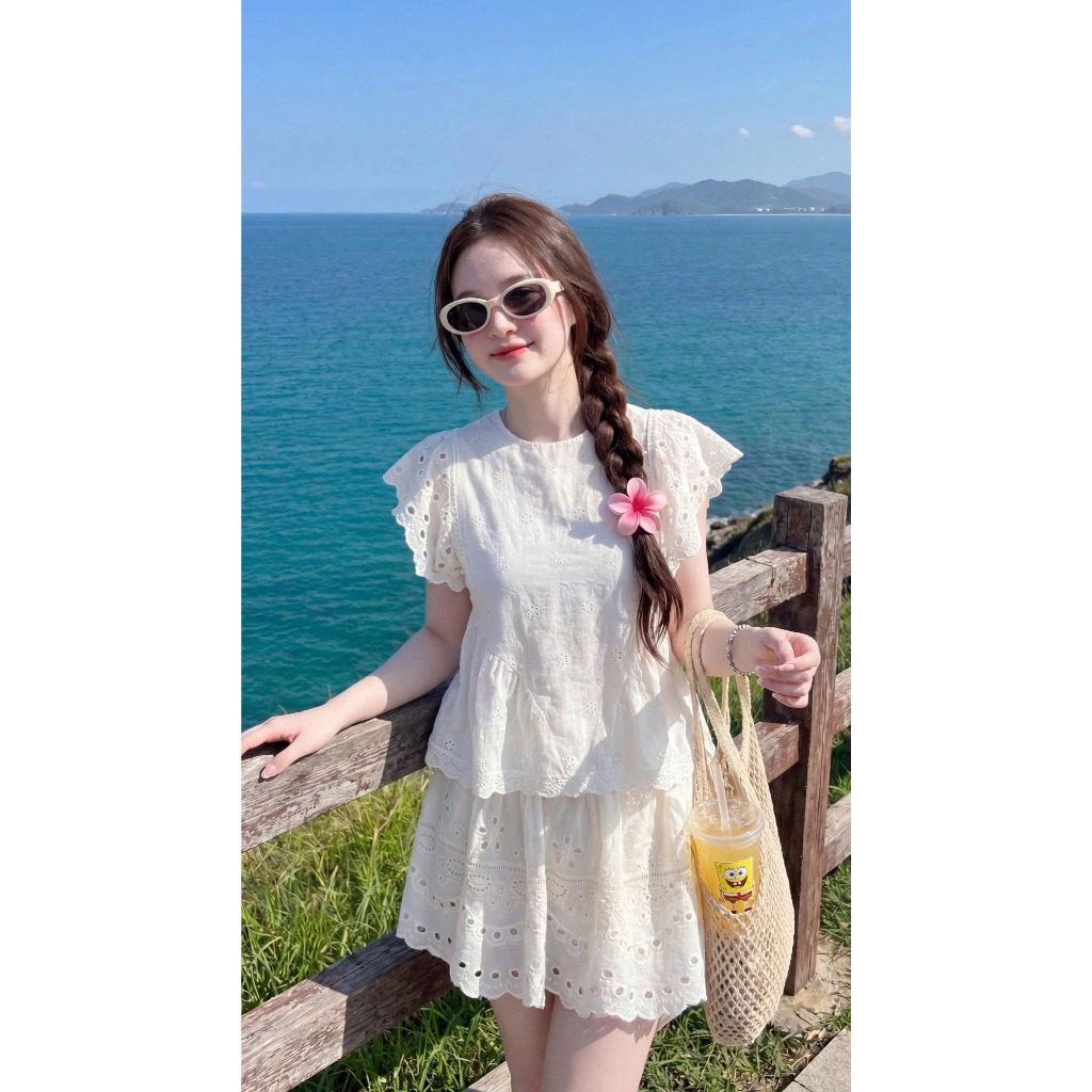 Set bộ nữ Hana vải thô thêu hoa hai lớp mềm mát, Bộ đồ nữ áo ngắn tay kèm chân váy ngắn cạp chun thời trang HEBE | BigBuy360 - bigbuy360.vn