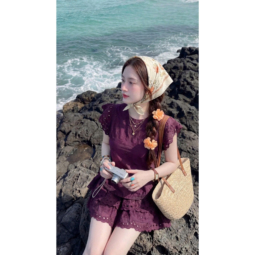 Set bộ nữ Hana vải thô thêu hoa hai lớp mềm mát, Bộ đồ nữ áo ngắn tay kèm chân váy ngắn cạp chun thời trang HEBE | BigBuy360 - bigbuy360.vn