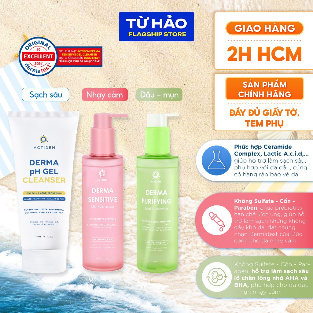 GEL RỬA MẶT ACTIDEM TRẮNG HỒNG XANH DERMA/SENSITIVE/PURIFYING GEL CLEANSER 30/150/200ml - Từ Hảo