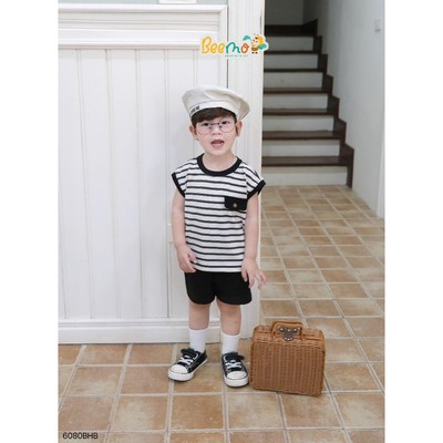 Set bộ ba lỗ Beemo kẻ ngang phối nắp túi vải cotton kết hợp cá sấu cho bé đi chơi, đi biển từ 9-24kg 6080BHB