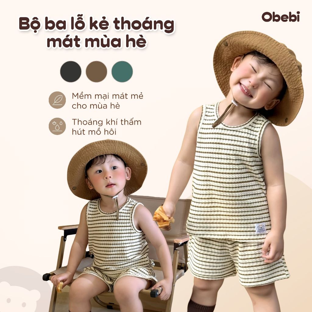 Flashsale Bộ Ba Lỗ Trẻ Em Mùa Hè Họa Tiết Kẻ Ngang Cho Bé Trai Bé Gái Obebi 8-22KG BC373