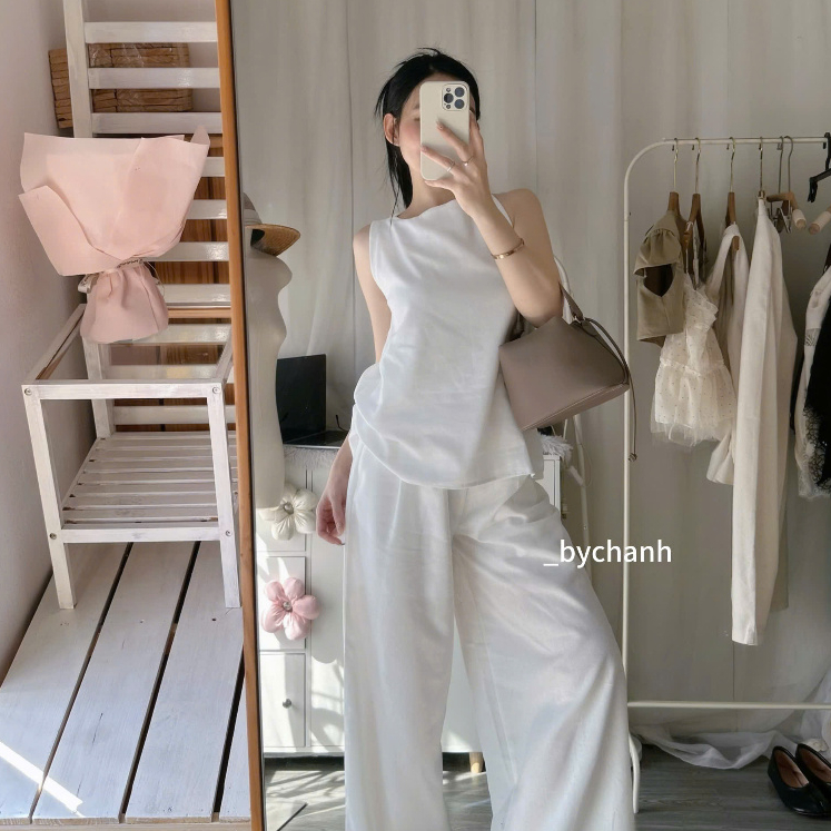 𝐛𝐲𝐂𝐡𝐚𝐧𝐡 - Set Linen Cổ Xoắn 2 Kiểu