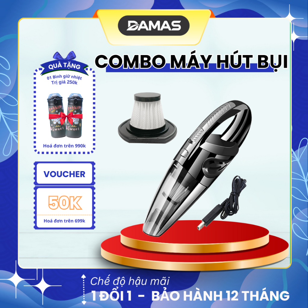 Combo Máy Hút Bụi Cầm Tay Sử Dụng Pin Sạc DAMAS X628 + 01 Bộ Lọc HEPA - Hàng chính hãng DAMAS