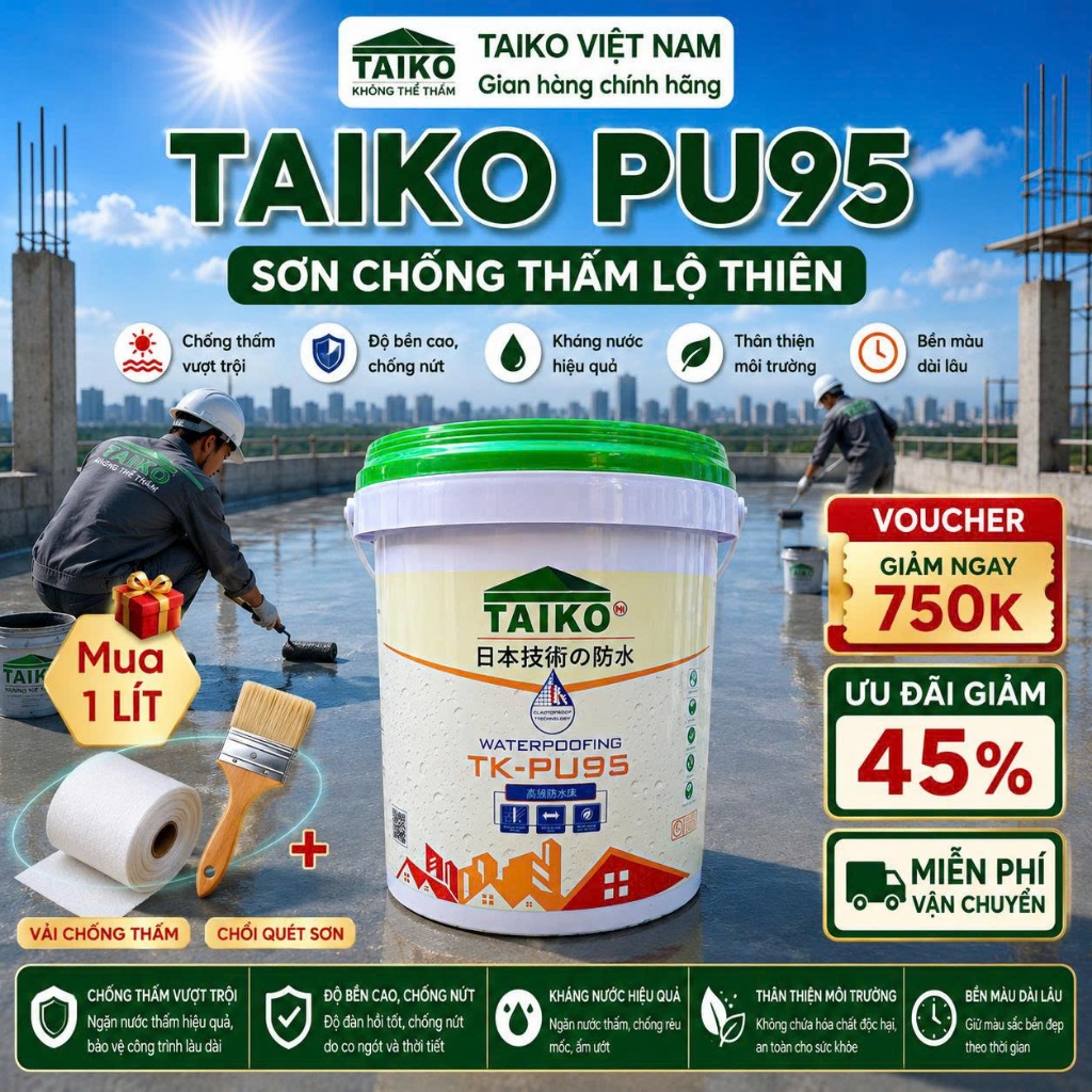 [Thùng 10 L] Sơn Chống Thấm PU (Polyurethane) TAIKO PU95 - Chống Thấm Sàn Lộ Thiên Đã Ốp Lát Đi Lại