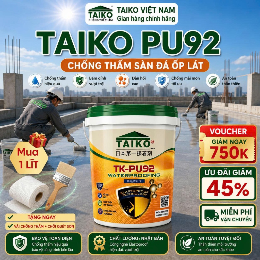 [TAIKO 10 L] Sơn Chống Thấm PU (Polyurethane) TAIKO PU92 - Kèm Vải Polyester và Chổi Lăn Sơn