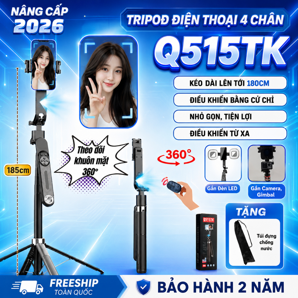 Gậy chụp ảnh 4 chân tích hợp gimbal AI Q515TK, Giá đỡ điện thoại livestream, Tripod xoay 360 độ