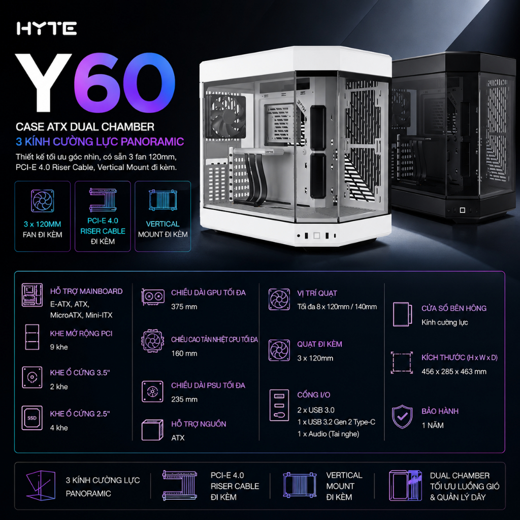 Vỏ case máy tính HYTE Y60 kèm sẵn 3 Fans 120mm, Hỗ trợ  E-ATX, ATX, MicroATX, Mini-ITX,