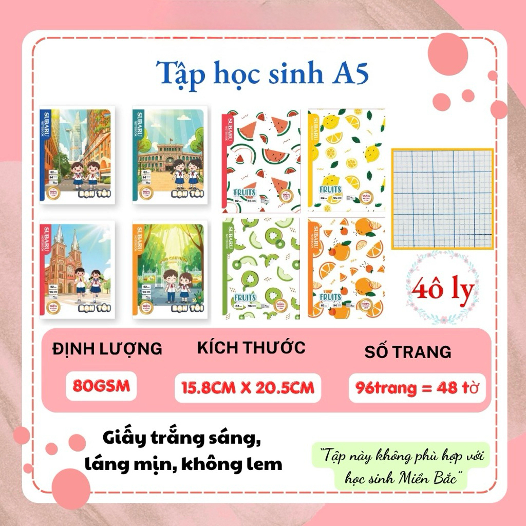 (Thùng 100 quyển tập 96 trang) Tập vở học sinh A5 Trái Cây - Fruit 96 Trang đinh lượng 82gsm Subaru
