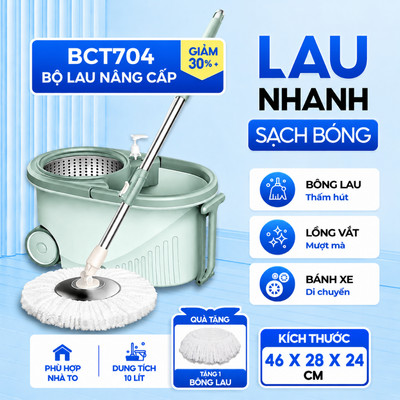 (Nâng cấp) Bộ lau nhà xoay 360 độ - Kèm thùng vắt có 2 bánh xe, lồng inox Bonbox BCT704