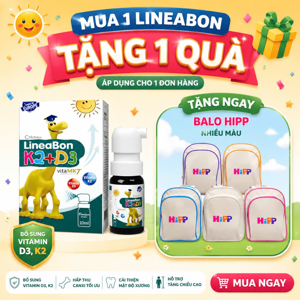 Lineabon D3k2 dạng xịt 10ml bổ sung vitamin d3k2 cho trẻ sơ sinh, giúp hấp thụ canxi, tăng chiều cao