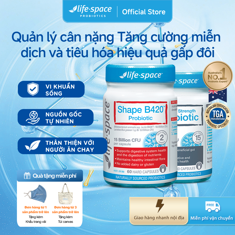 Combo Men vi sinh Life-Space Shape B420 60 viên và Double Strength Probiotic 30 viên Prebiotic
