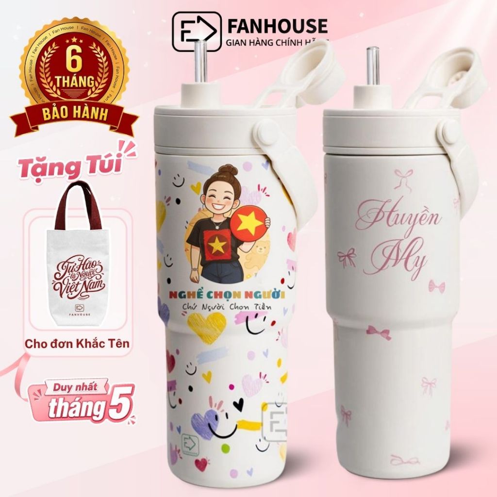 Ly giữ nhiệt Simply cao cấp Inox 316 Phủ Sứ, cốc giữ nhiệt Fan House 735ml ống hút thủy tinh