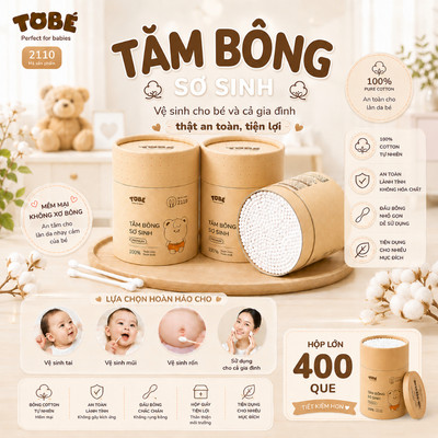 Tăm bông sơ sinh Ualarogo TOBÉ hộp 400 que 7cm bông tự nhiên an toàn tiện lợi