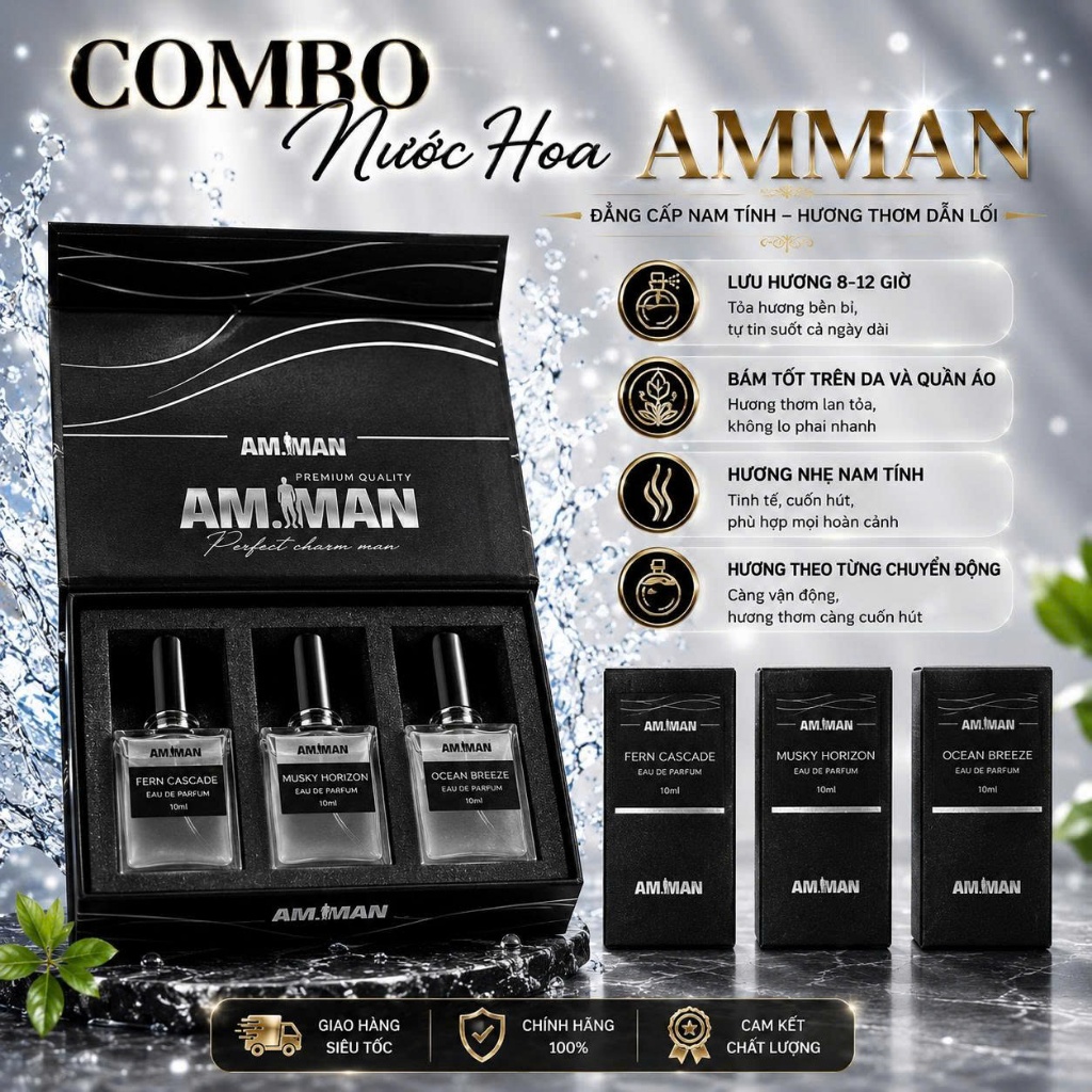 Nước Hoa Nam AM-MAN Lịch Lãm, Hương Thơm Cuốn Hút, Lưu Hương Tới 12h, Dung Tích 10ml/Chai