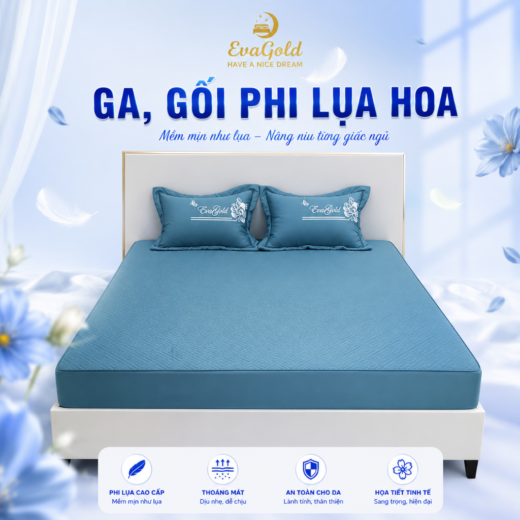 Ga gối chun chần phi lụa hoa mẫu mới nhất nhà EVAGOLD gồm 3 món