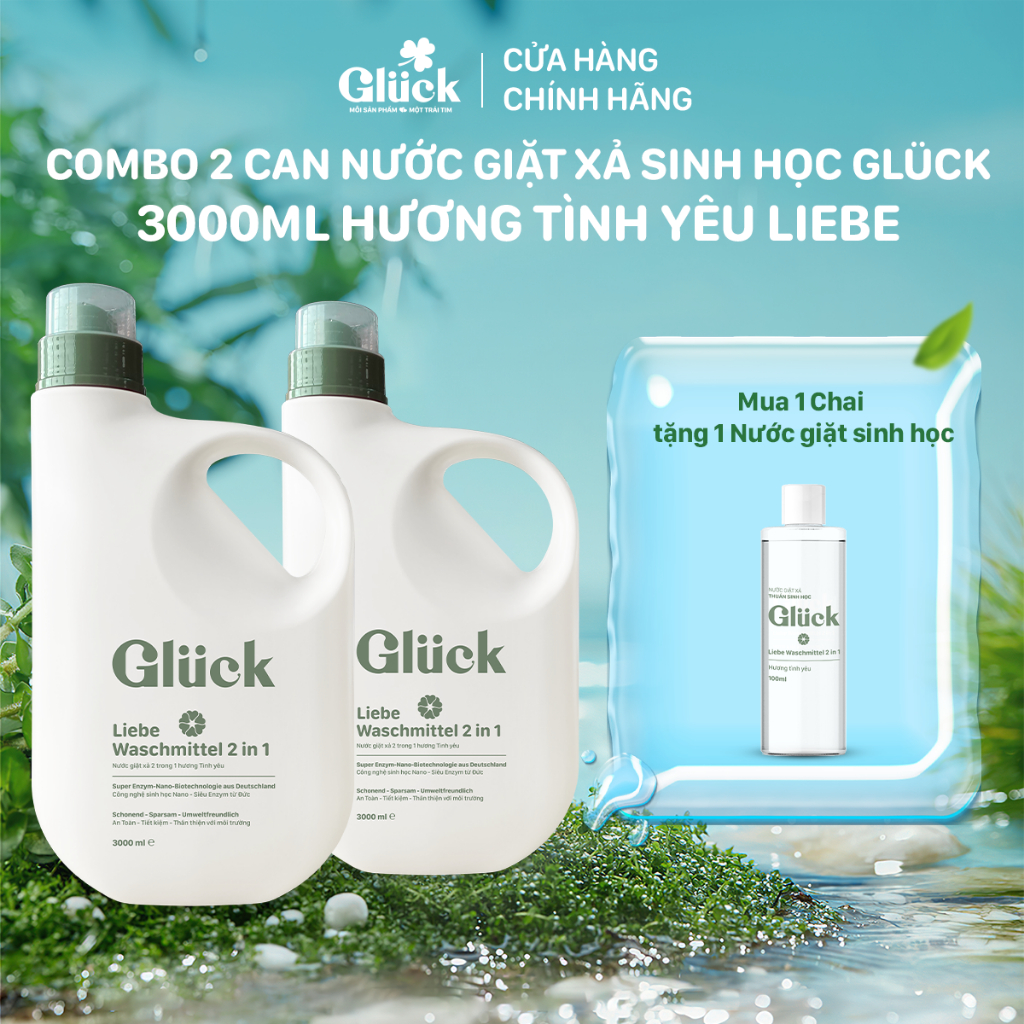 Combo 2 can nước giặt xả sinh học GLUCK 3000ml, hương tình yêu Liebe