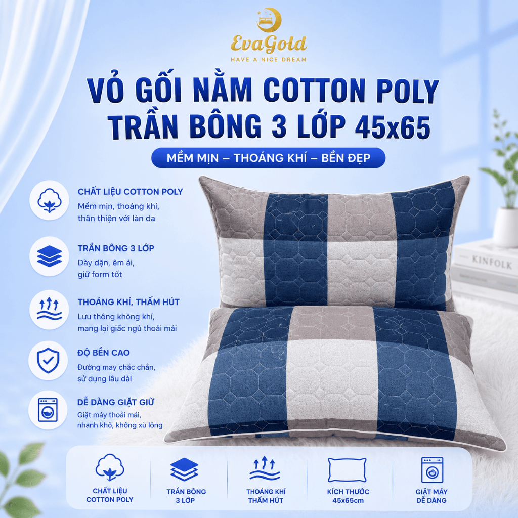 Vỏ gối nằm cotton poly trần bông 3 lớp 45x65, bao gối nằm mềm mịn thoáng mát