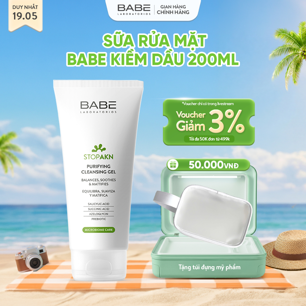 Sữa rửa mặt BABE Stop AKN Purifying Cleansing gel cho da dầu mụn 200ml