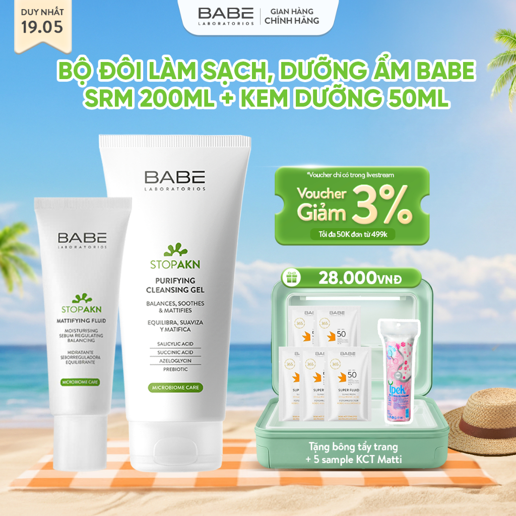 Bộ đôi Làm Sạch Và Dưỡng Ẩm Kiềm Dầu BABE Stop AKN Purifying Cleansing Gel + Mattifying Fluid 50ml | BigBuy360 - bigbuy360.vn