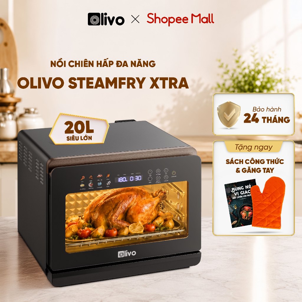 Nồi chiên hơi nước OLIVO SteamFry Xtra 20L, chiên không dầu - hấp hơi nước, 70 chế độ tiện lợi