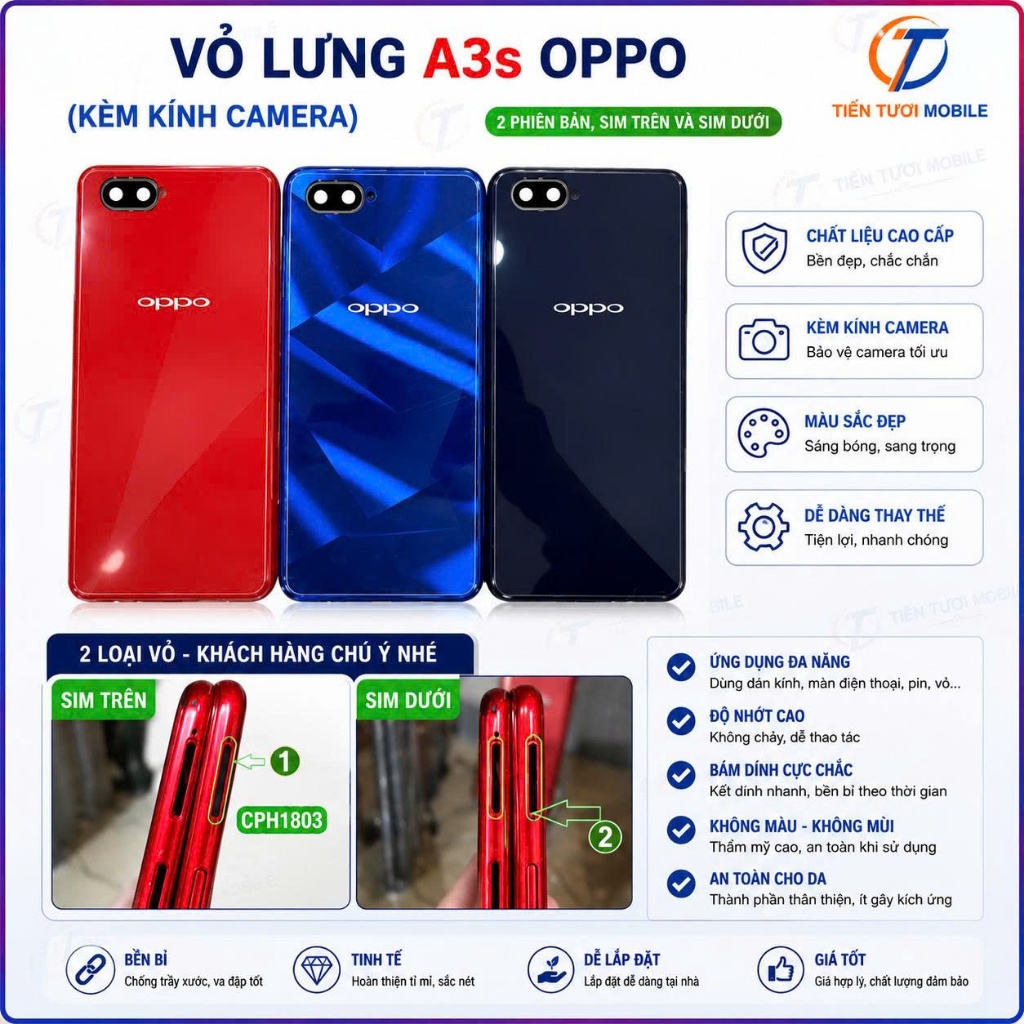 Vỏ Lưng oppo A3s,kèm kính camera,khay sim