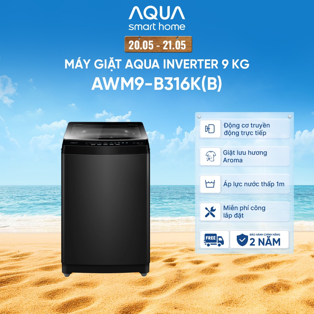 [SALE SỐC] Máy giặt cửa trên AQUA Inverter 9 kg AWM9-B316K(B) - Freeship toàn quốc - Bảo hành 2 năm