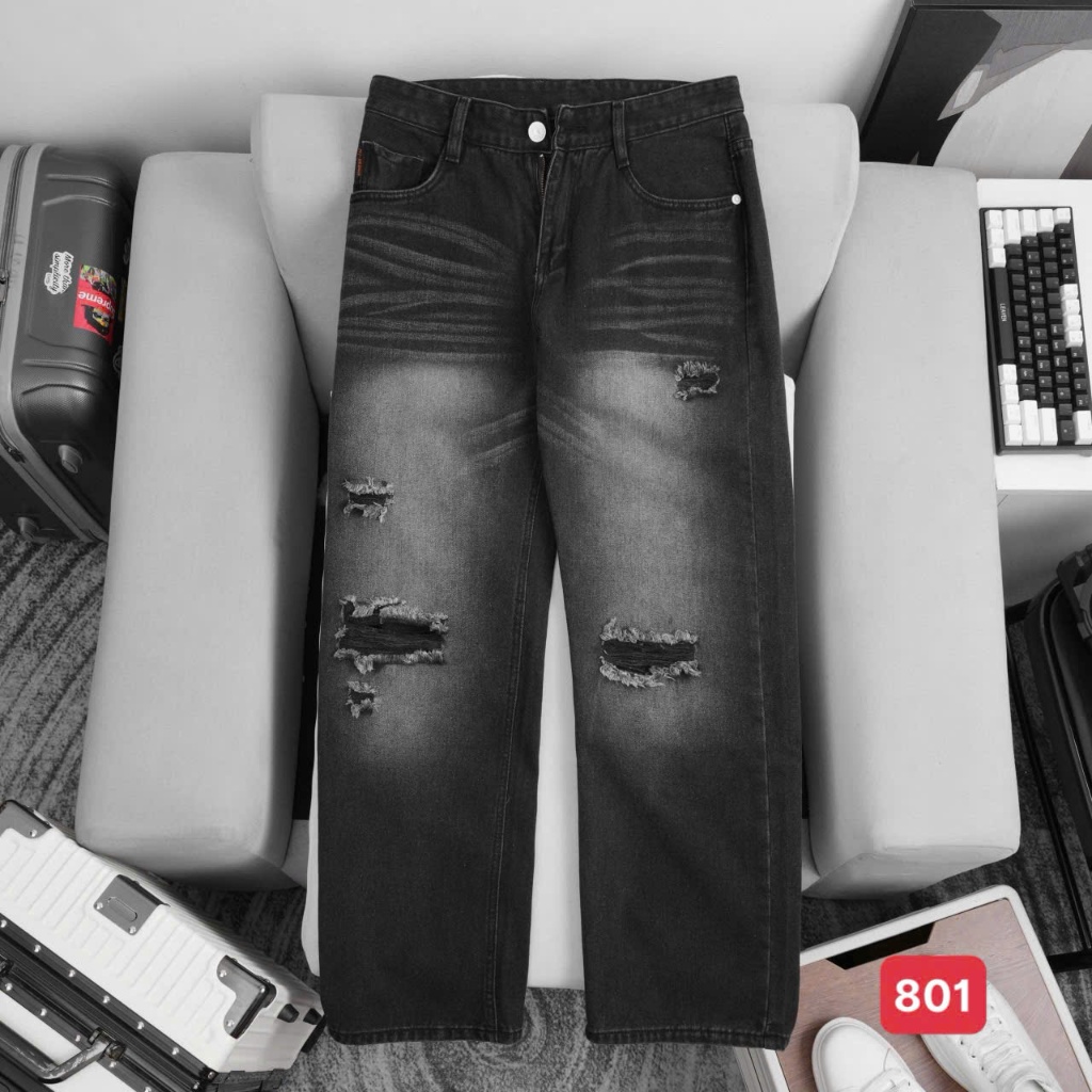 Quần baggy nam màu đen xám kiểu rách ống rộng thiết kế trẻ trung SOLO-STORE BG801