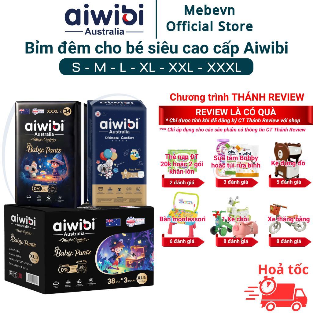 Bỉm đêm aiwibi Australia, bỉm đêm cho bé cao cấp, bỉm đêm aiwibi siêu mỏng đủ size đến 48 miếng