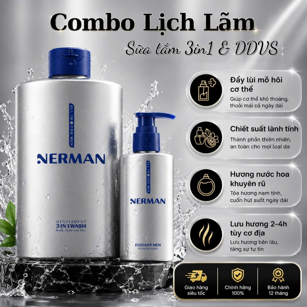 Combo Lịch Lãm Nerman: Sữa Tắm Gội Nam 350ml & DDVS Nam 100ml _ Hương Nước Hoa Nam Cao Cấp